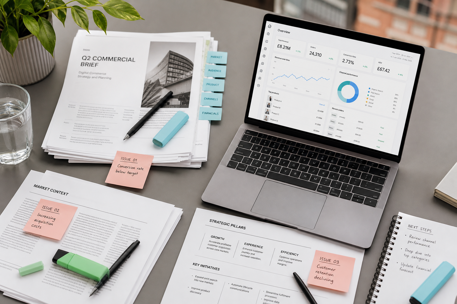 Editorial briefing desk with commerce platform materials